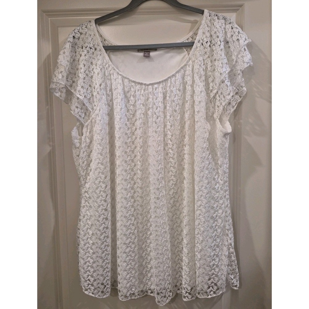 Roz & Ali Short Tiered Sleeve White Lace Layered Blouse Women's 2XL Cottage Boho